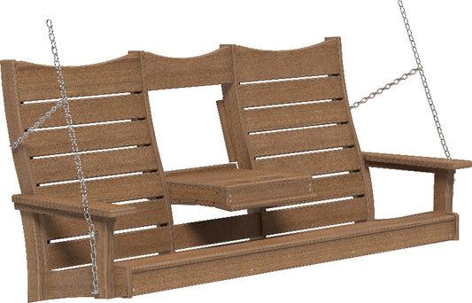 Wooden swing bench with chains on a white background